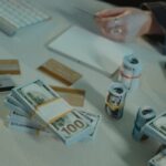 A close-up of a financial workspace featuring stacks and rolls of U.S. hundred-dollar bills, multiple credit cards, a calculator, a notepad, and a person holding a card. The scene suggests financial planning, banking, wealth management or hard money loans.